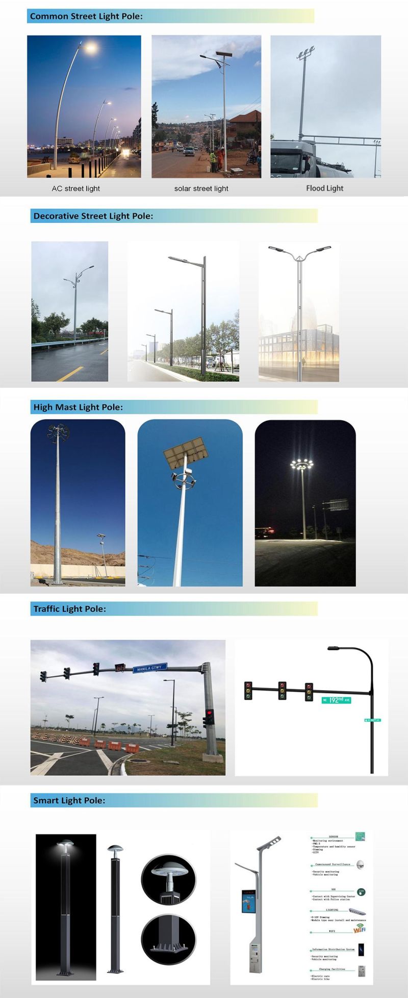 Solar Street Light Galvanized 3m 4m 5m 6m 7m 8m 9m 10m 11m 12m Steel Light Pole with Single and Double Arm