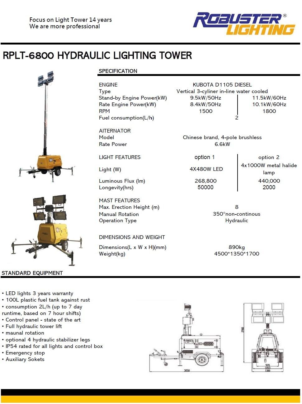 8m Mobile Hydraulic Lighting Tower 8kw Diesel Generator LED Light Tower