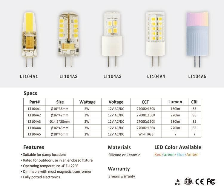 Lt104A3 2W G4 LED Bulb 20W Halogen Bulb Equivalent Bi-Pin Base Light for Landscape Lighting Fixtures Path Lights