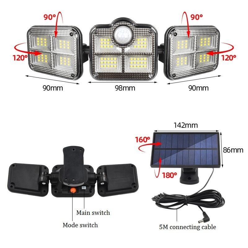 Solor Power 3 Head PIR Sensor Security Light, 108 SMD LED Solor Garden Wall Lamps, Waterproof Outdoor Spot Light IP65