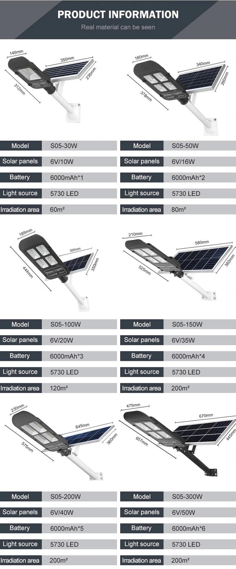 IP65 Automatic Integrated Solar Power Steet Lighting, Outdoor Lithium Battery Pole Controller Solar Cell Road Lights, 30W 50W 100W 150W 200W Energy Sensor Light