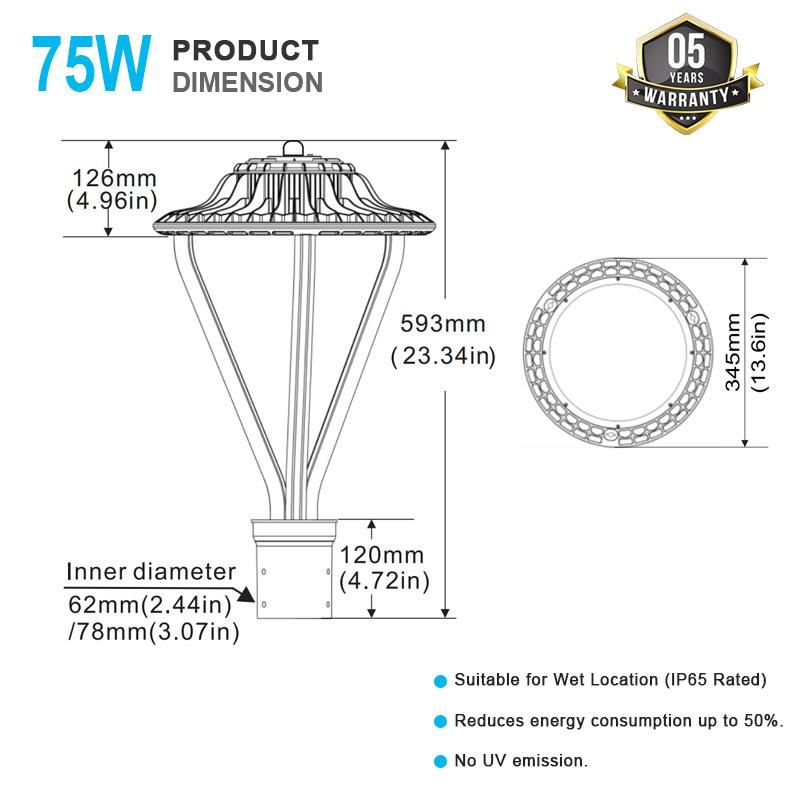 ETL Dlc CCT Tunable LED Post Top Light Fixture Supplier 30W 50W 75W 100W Outside Lamp Post Tops